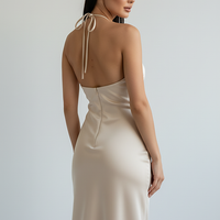 Floral print satin off-shoulder backless maxi dress, front view on model.