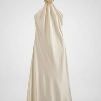 Floral satin open back halter neck dress, front view on model.