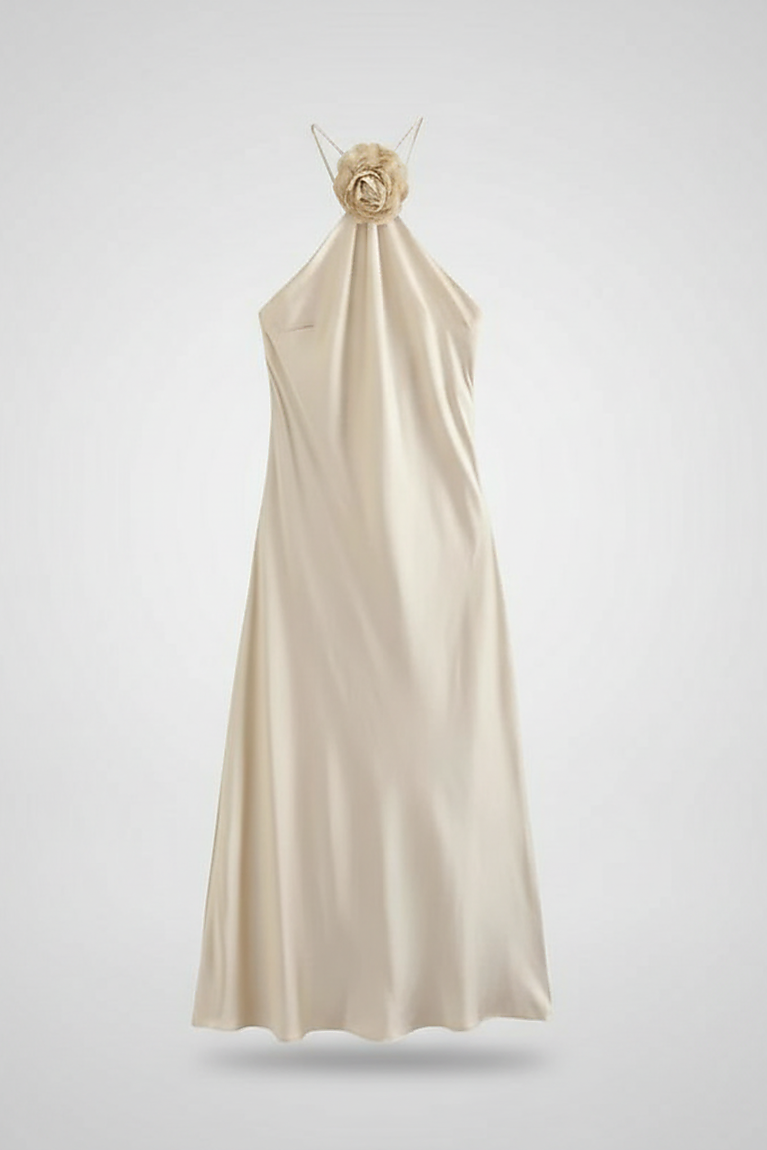 Floral satin open back halter neck dress, front view on model.