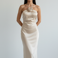 Floral satin backless off-shoulder maxi dress, front view on model.