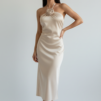 Floral satin long evening party dress, front view on model.