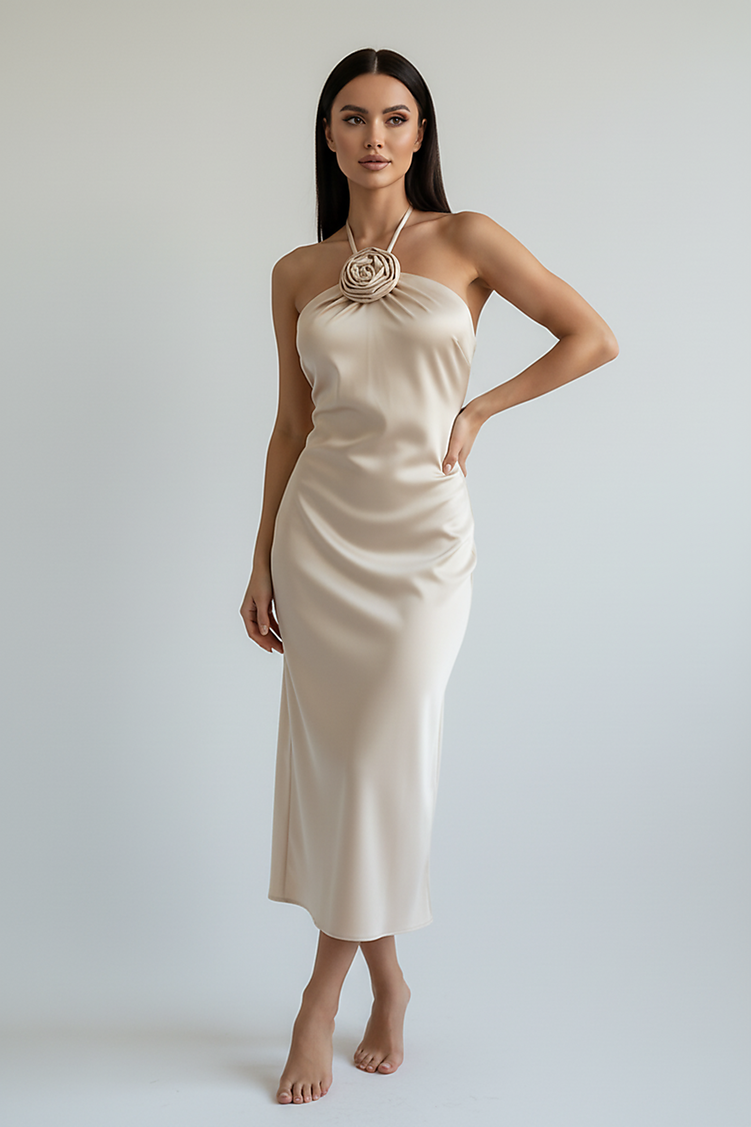 Floral satin long evening party dress, front view on model.