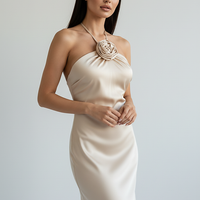 Floral satin backless long evening dress, front view on model.