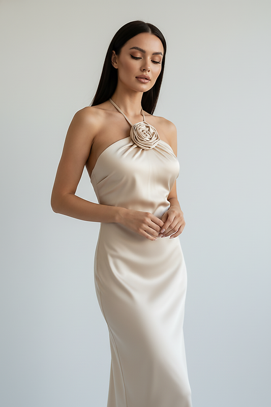 Floral satin backless long evening dress, front view on model.