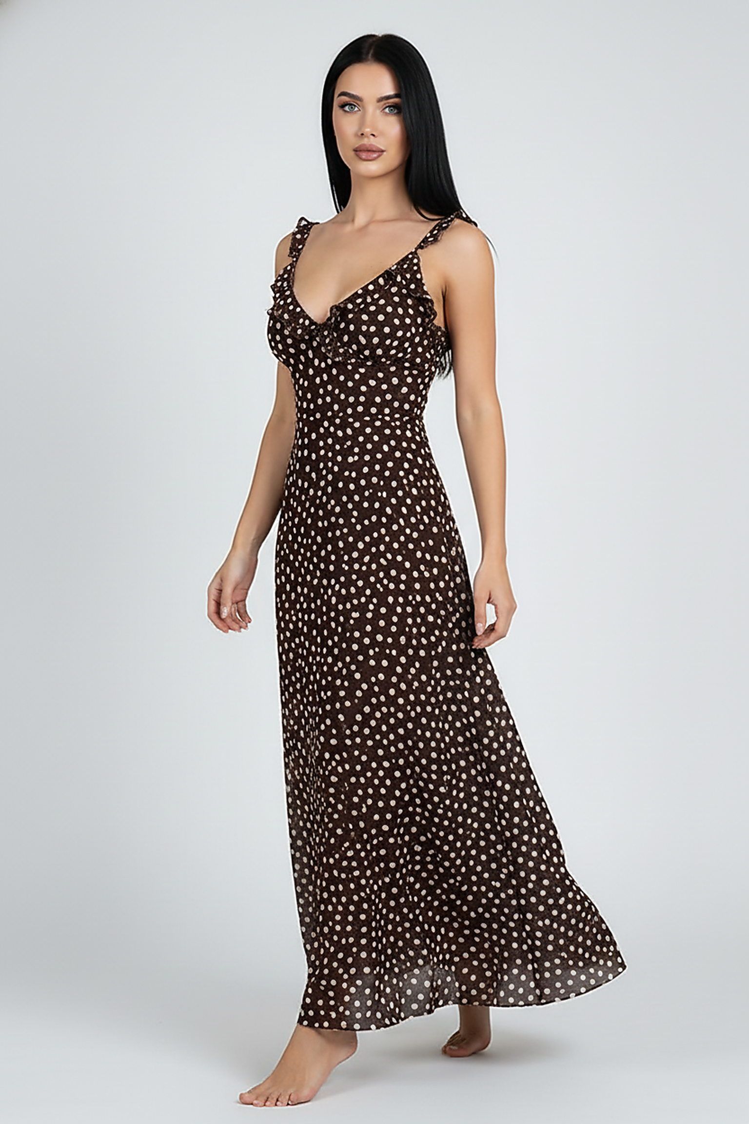Chic polka dot layered sleeveless sundress, front view on model.
