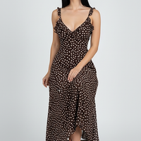 European chic polka dot layered sundress, front view on model.