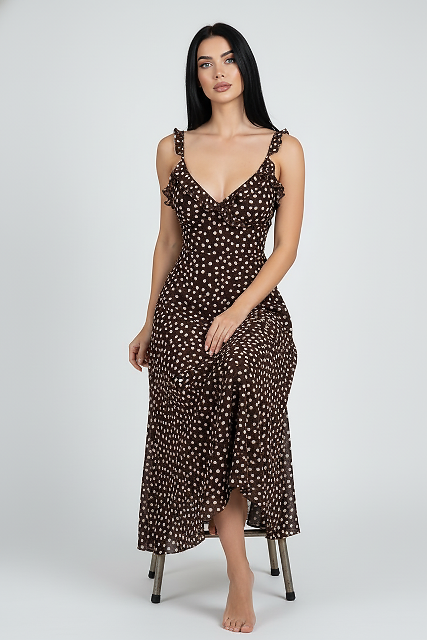 European chic polka dot layered sundress, front view on model.