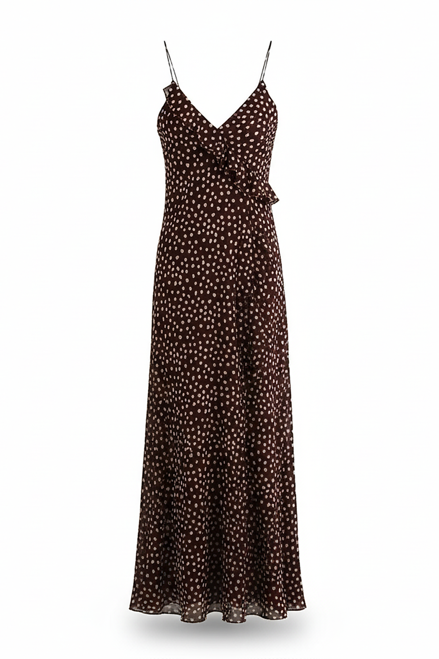 Women's layered polka dot suspender sundress, front view on model.