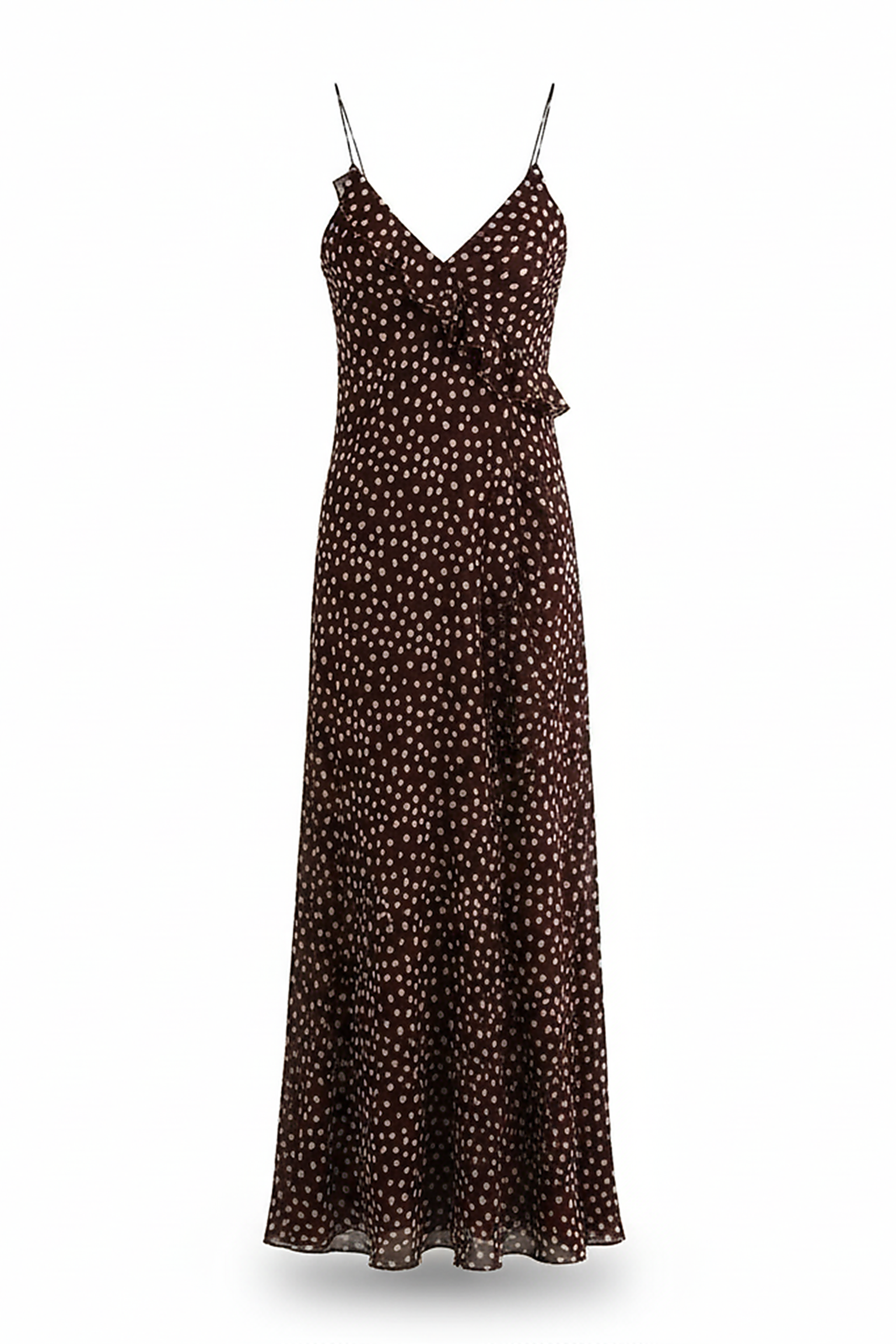 Women's layered polka dot suspender sundress, front view on model.