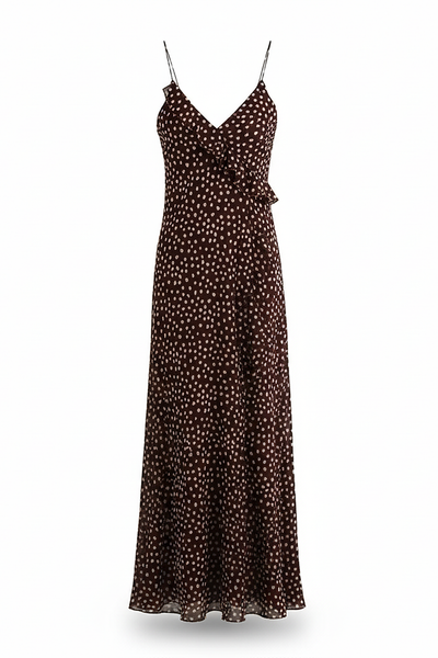 Women's layered polka dot suspender sundress, front view on model.