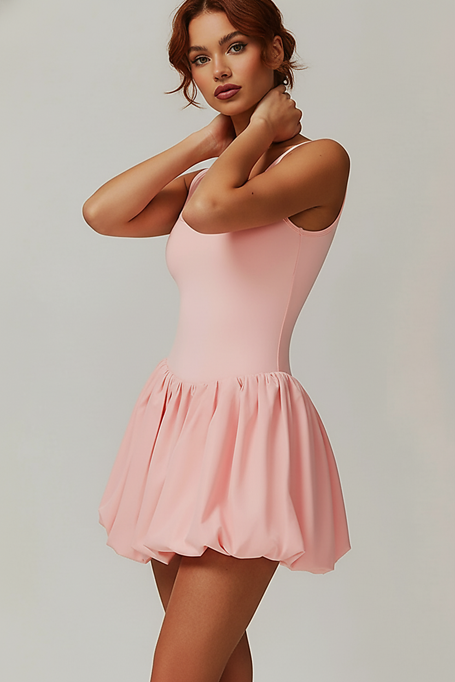 Yoga jumpsuit, alternate angle view on model.