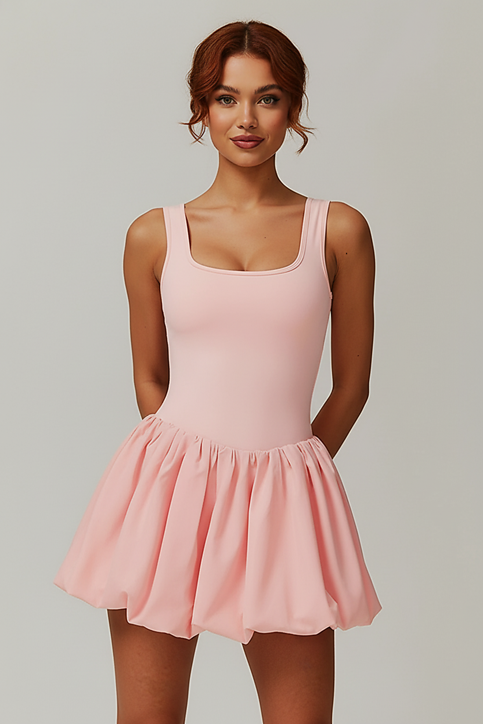 Yoga jumpsuit, alternate angle view on model.