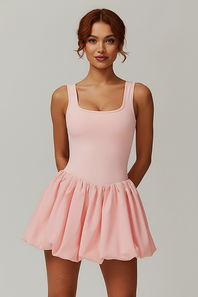 Yoga jumpsuit, alternate angle view on model.