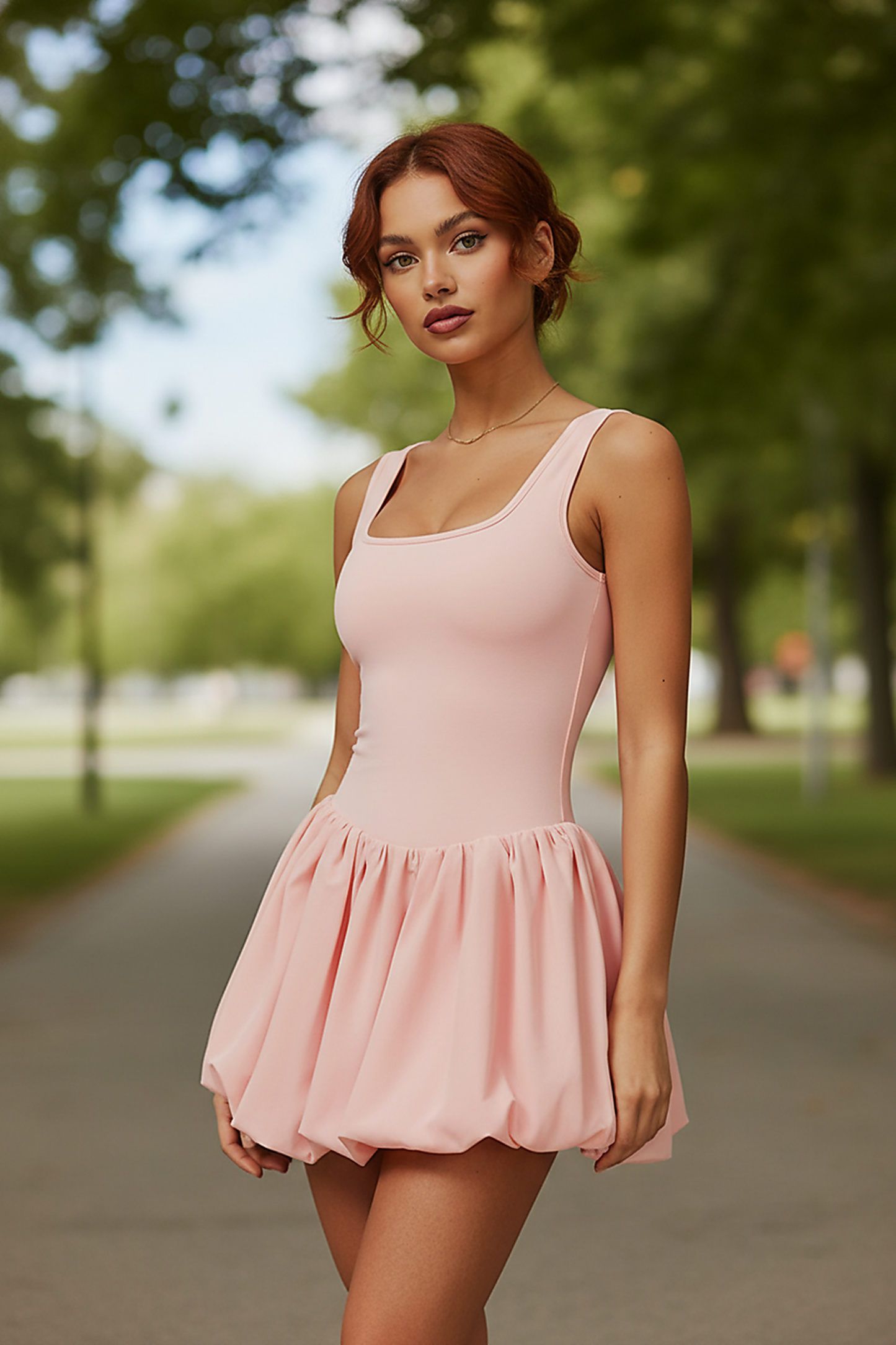 Yoga jumpsuit, outdoor lifestyle view on model.