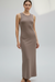Brown sleeveless knitted dress, full length front view.