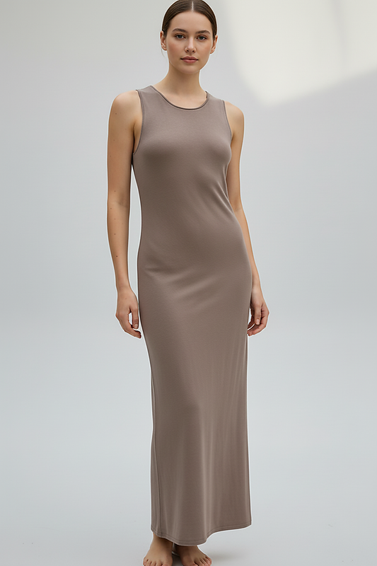 Brown sleeveless knitted dress, full length front view.