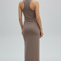 Brown sleeveless knitted dress, close-up of O-neckline.
