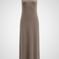 Brown sleeveless knitted dress, front view, different pose.