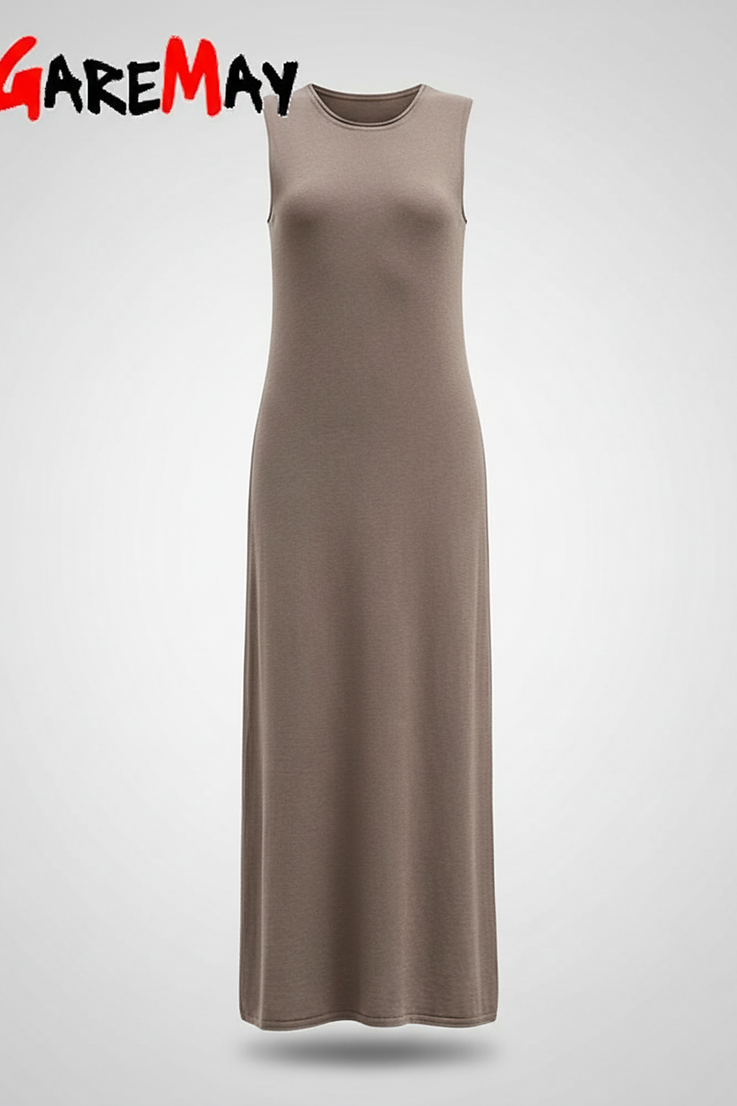Brown sleeveless knitted dress, front view, different pose.
