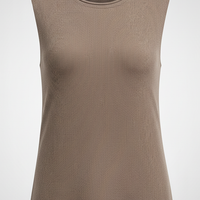 Brown sleeveless knitted dress, back view, different pose.