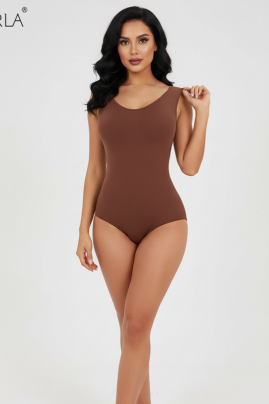 Slimming bodysuit, front view on model.