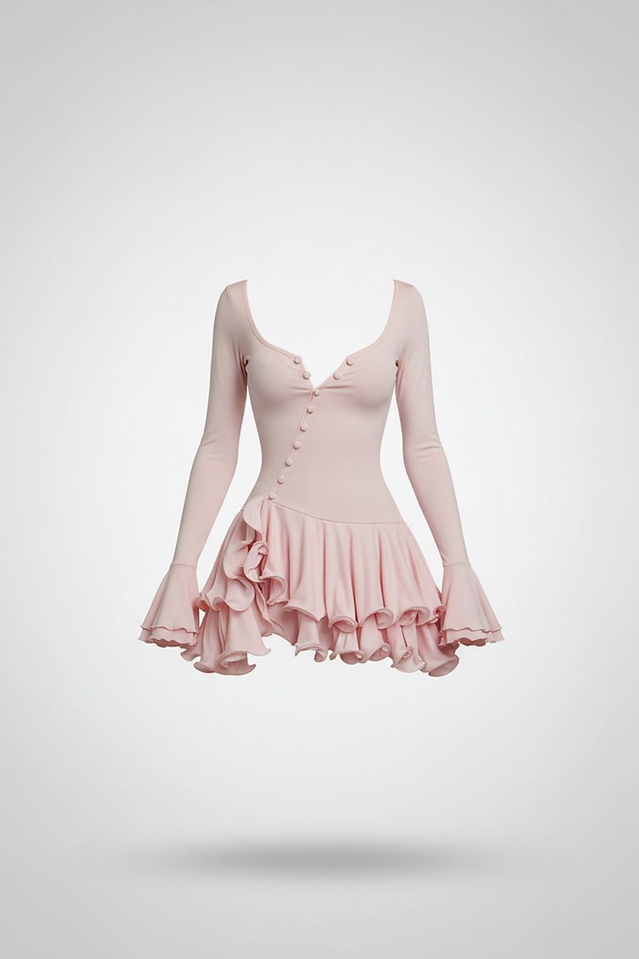 woman wearing floral print ruched backless maxi dress, front view, standing, hands relaxed