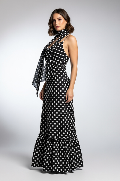 woman wearing white polka dot maxi dress, front view, standing, hands relaxed