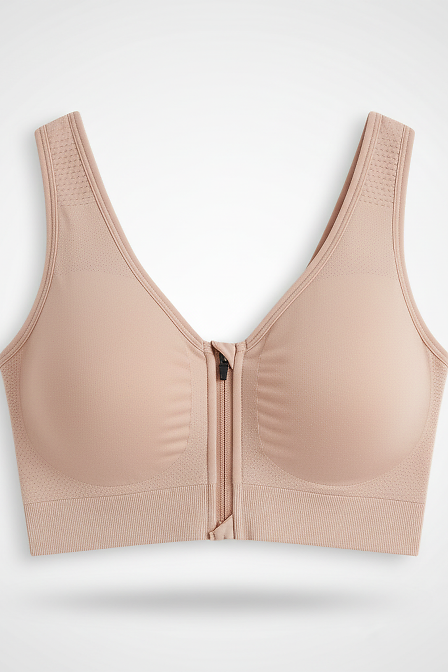 Seamless sports bra front zipper, alternate front view.