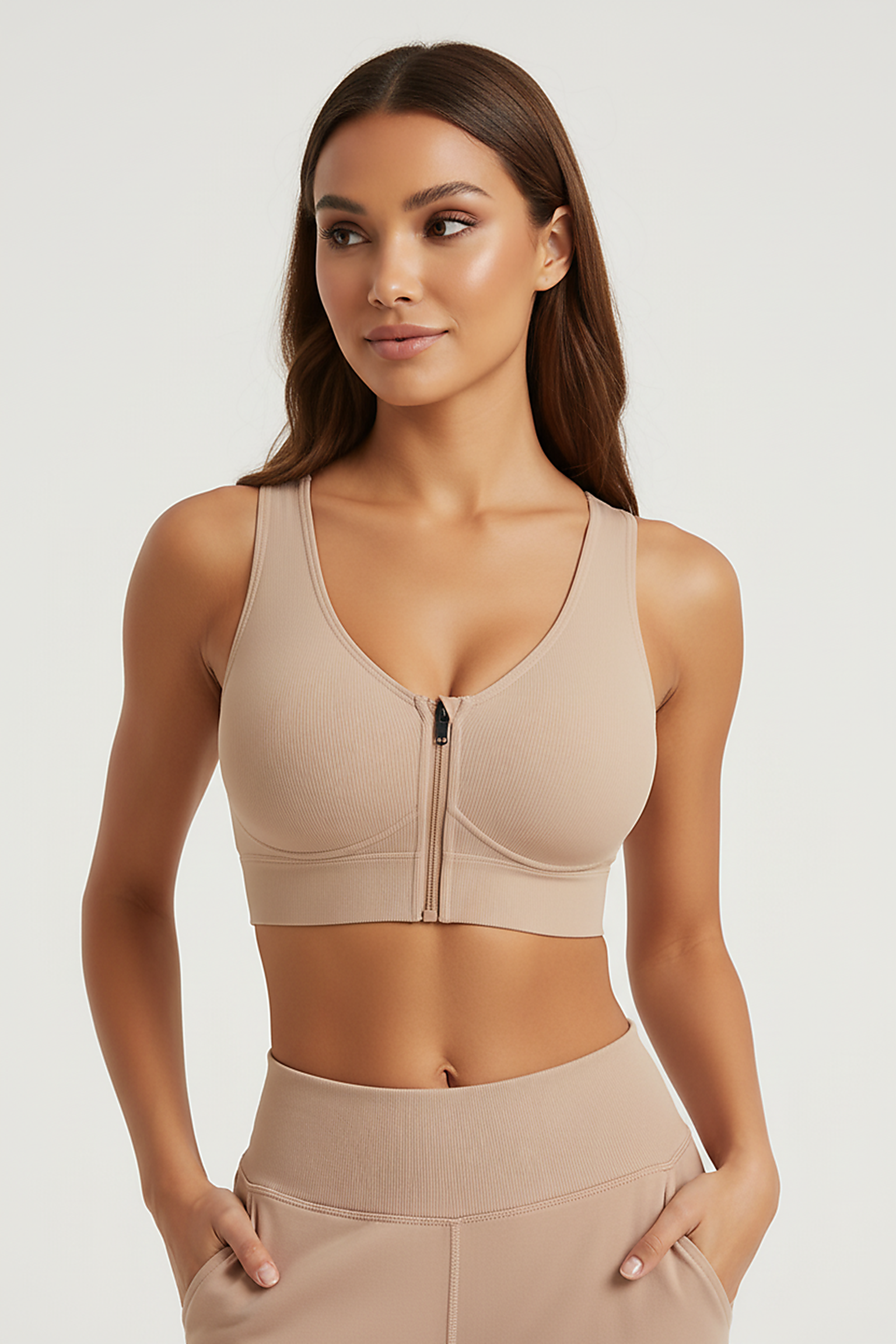 Seamless sports bra front zipper, alternate front view.