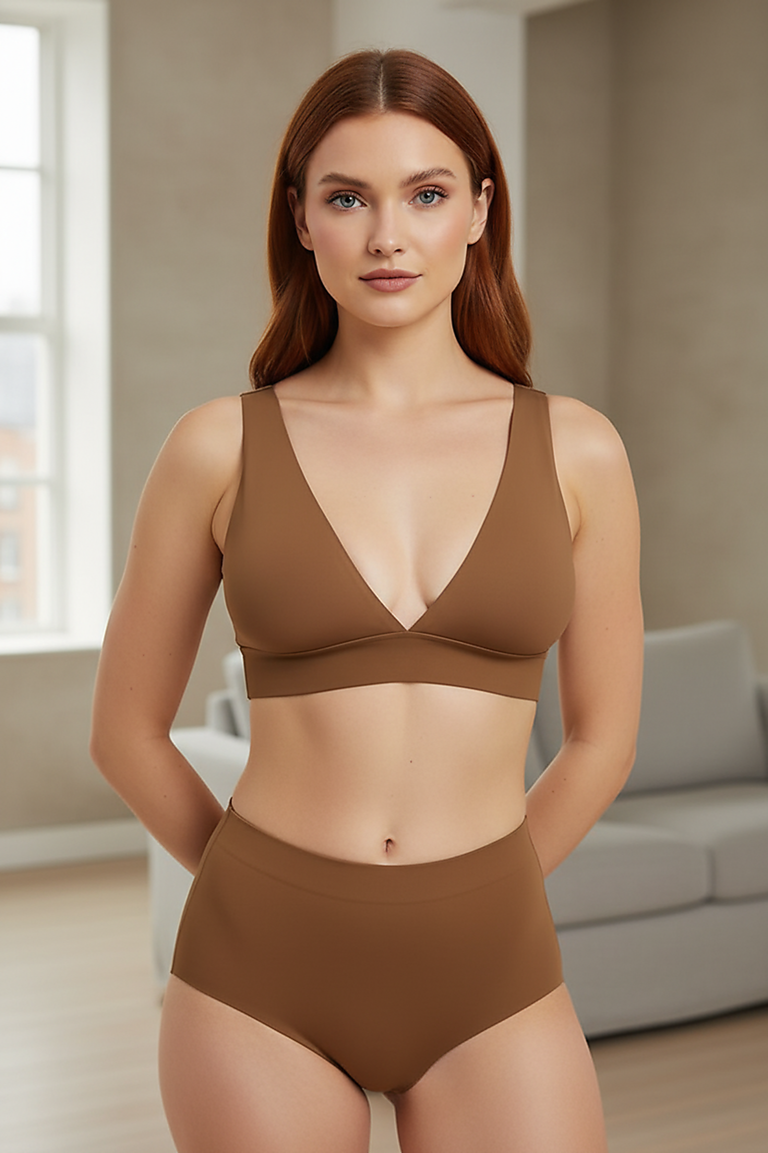 Seamless wireless comfort bralette, lifestyle indoor shot on model.