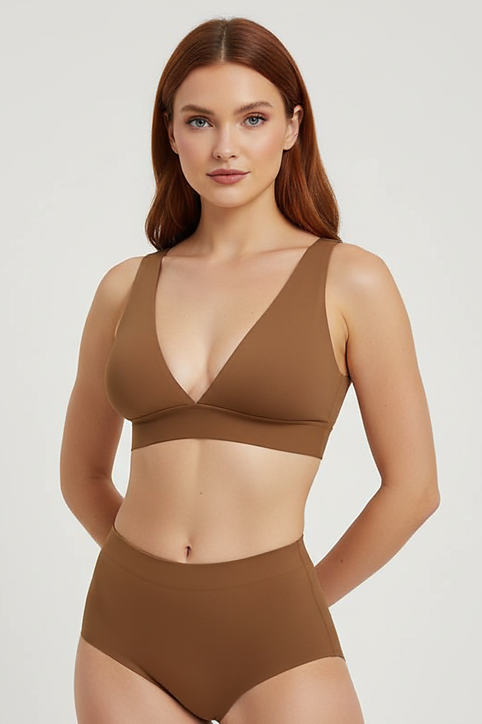 Seamless wireless comfort bra, front view on model.