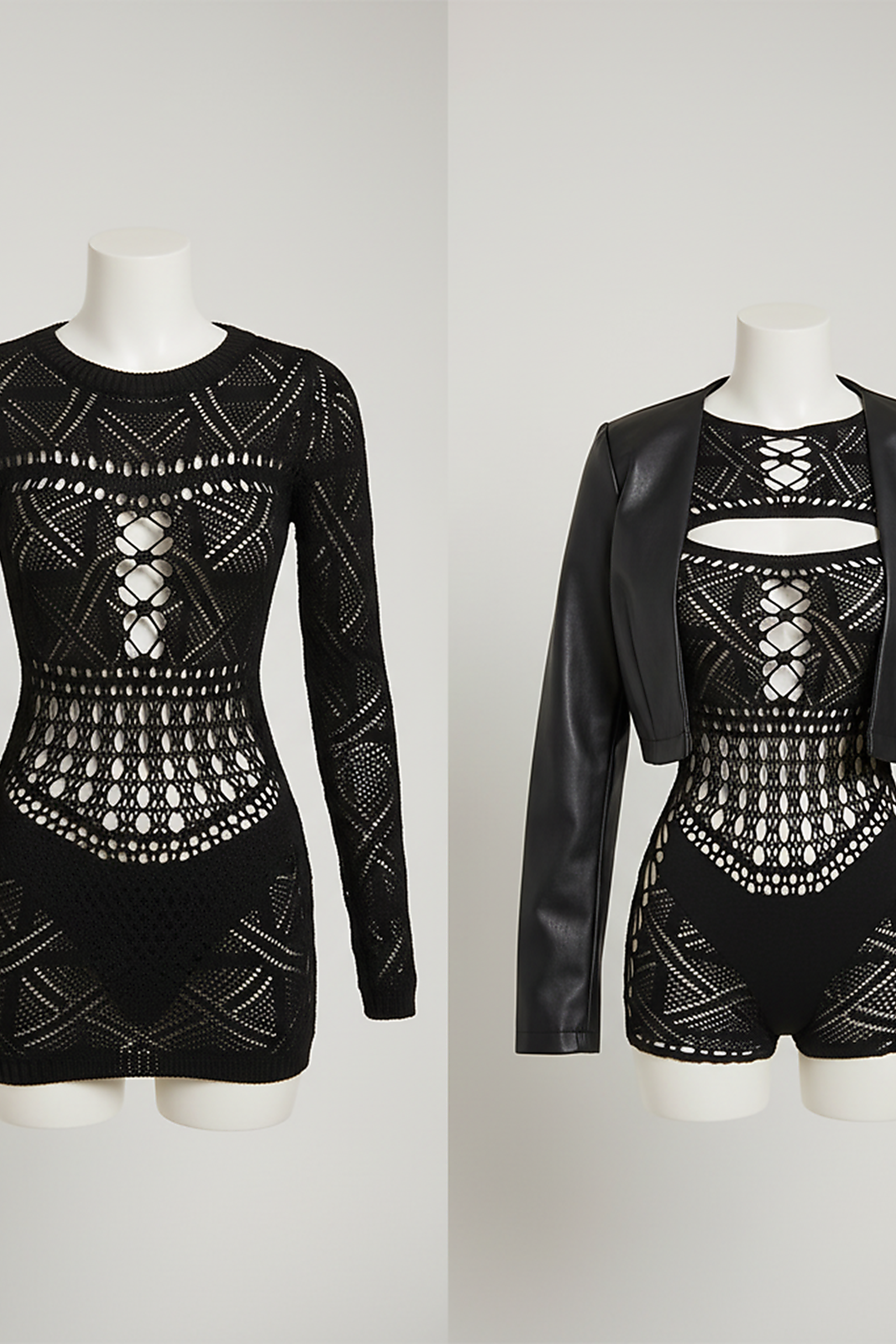 Sheath maxi dress with openwork lace detail, front view on model.