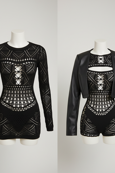 Sheath maxi dress with openwork lace detail, front view on model.