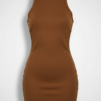 Purple backless t-shirt dress, front view on model.