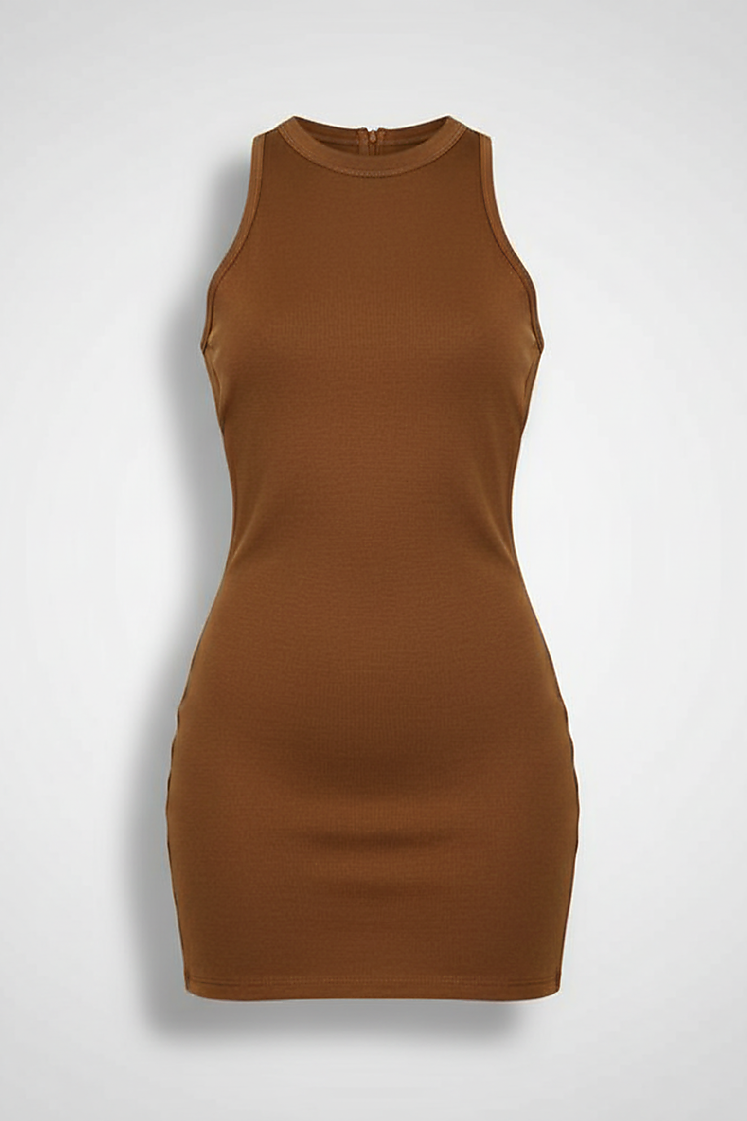 Purple backless t-shirt dress, front view on model.