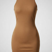 Black backless t-shirt dress, back view on model.