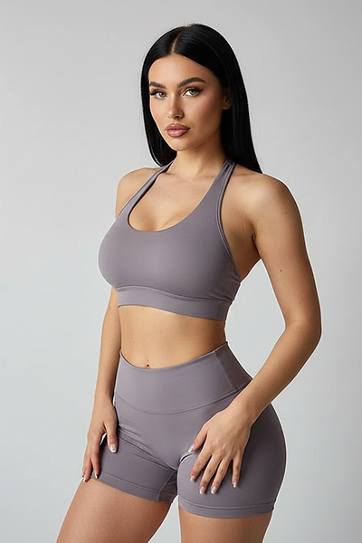 Seamless padded athletic yoga crop top, front view.