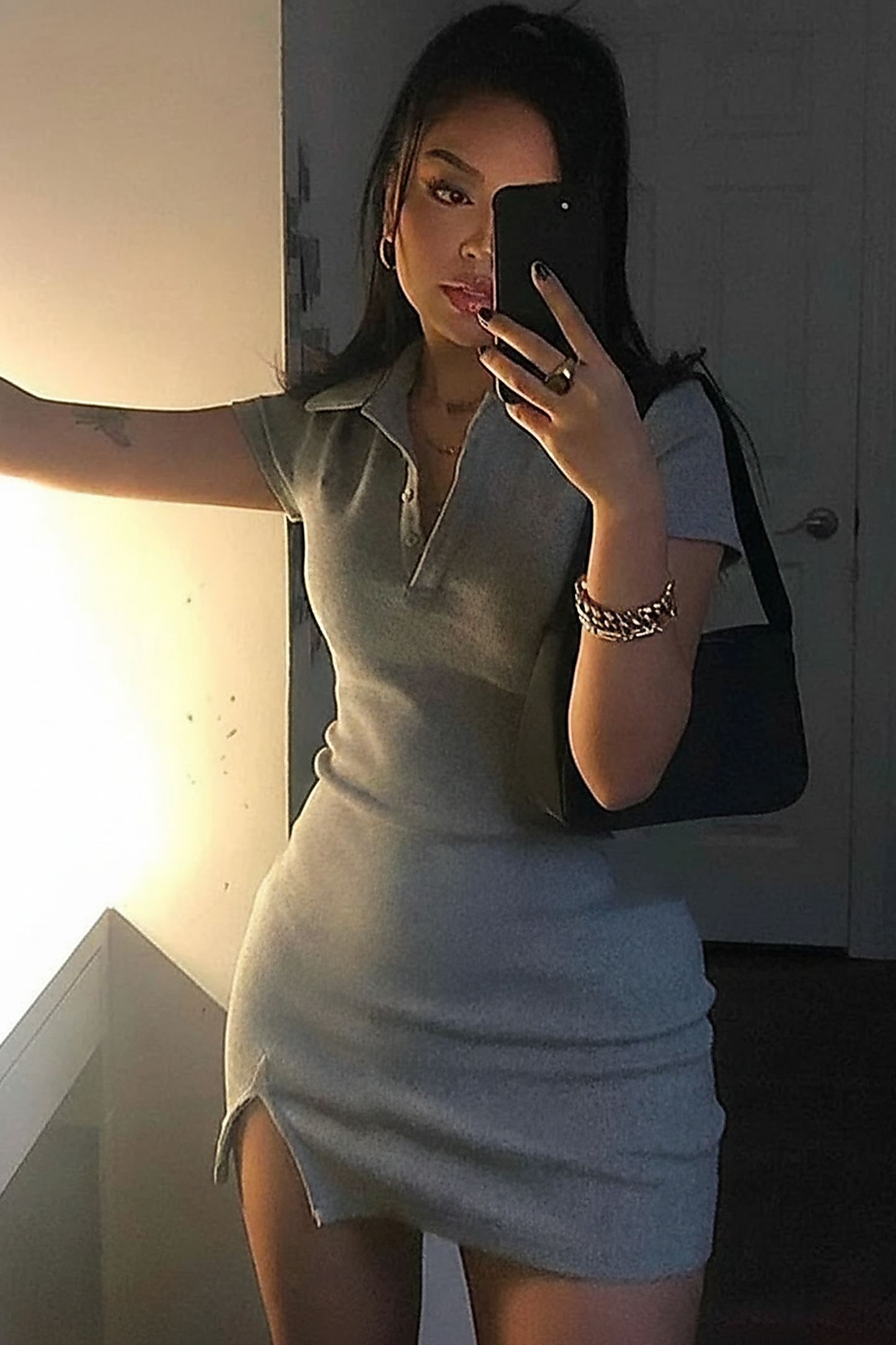 Short-sleeve mini dress, front view on model.