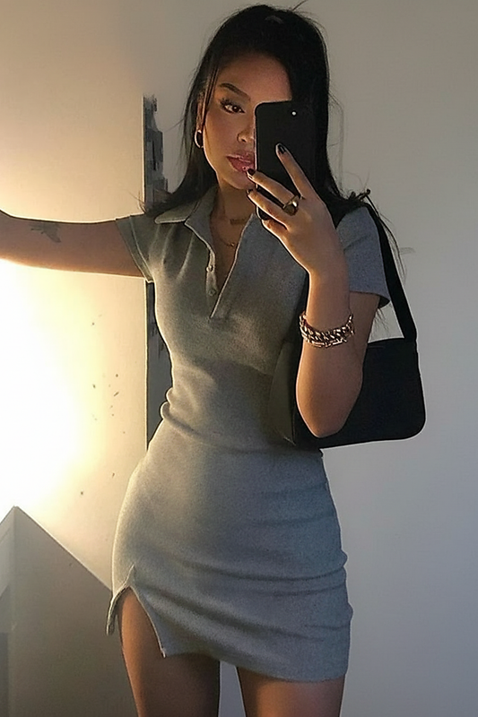 Short-sleeve mini dress, front view on model.