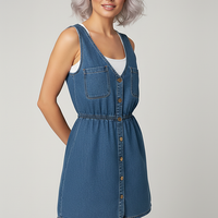 Korean style blue denim mini dress, button front, pockets, outdoor lifestyle.
