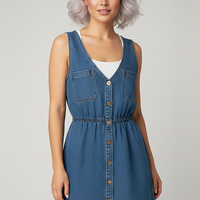 Loose Korean style blue denim mini dress with pockets, casual outdoor shot.