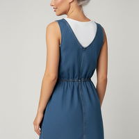 Korean style single-breasted blue denim mini dress, front view on model.