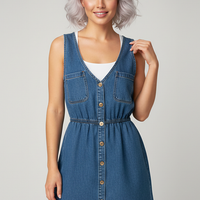 Sleeveless strap Korean style blue denim A-line mini dress, front view.