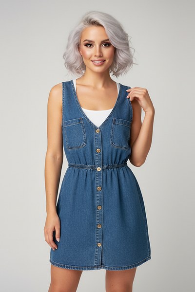 Sleeveless strap Korean style blue denim A-line mini dress, front view.
