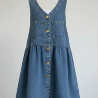 Korean style sleeveless blue denim mini dress with pockets, front view.