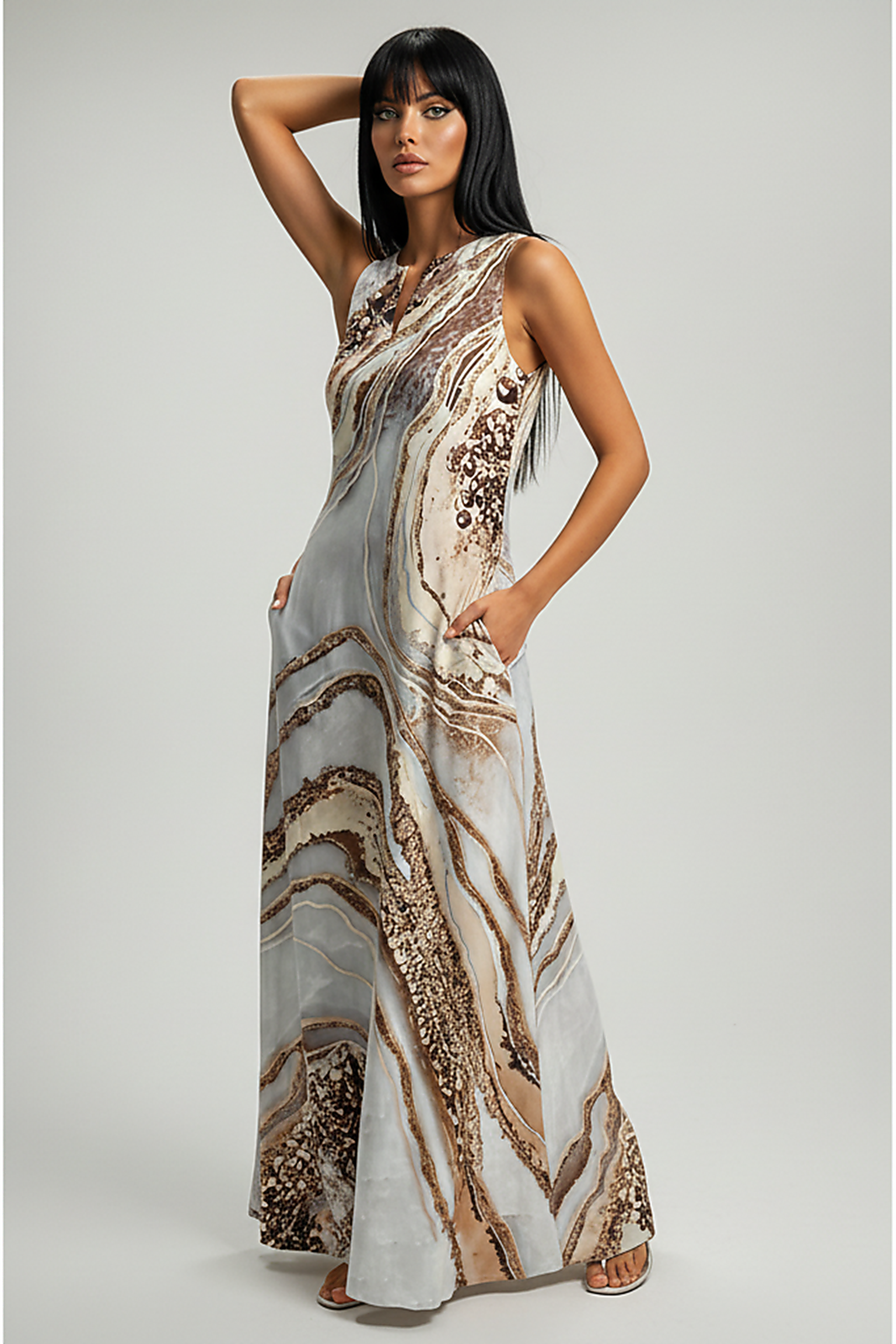 Sleeveless V-neck Printed Dress - Thorne & Ivy