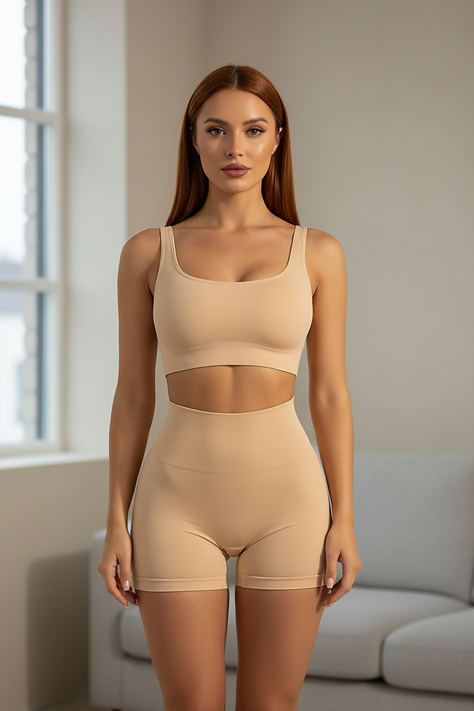 High-waist slimming shorts on model, indoor lifestyle.