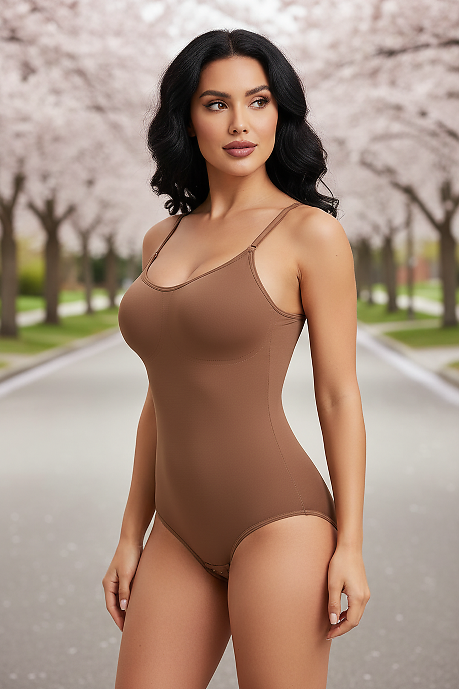 Seamless slimming bodysuit, outdoor lifestyle view on model.