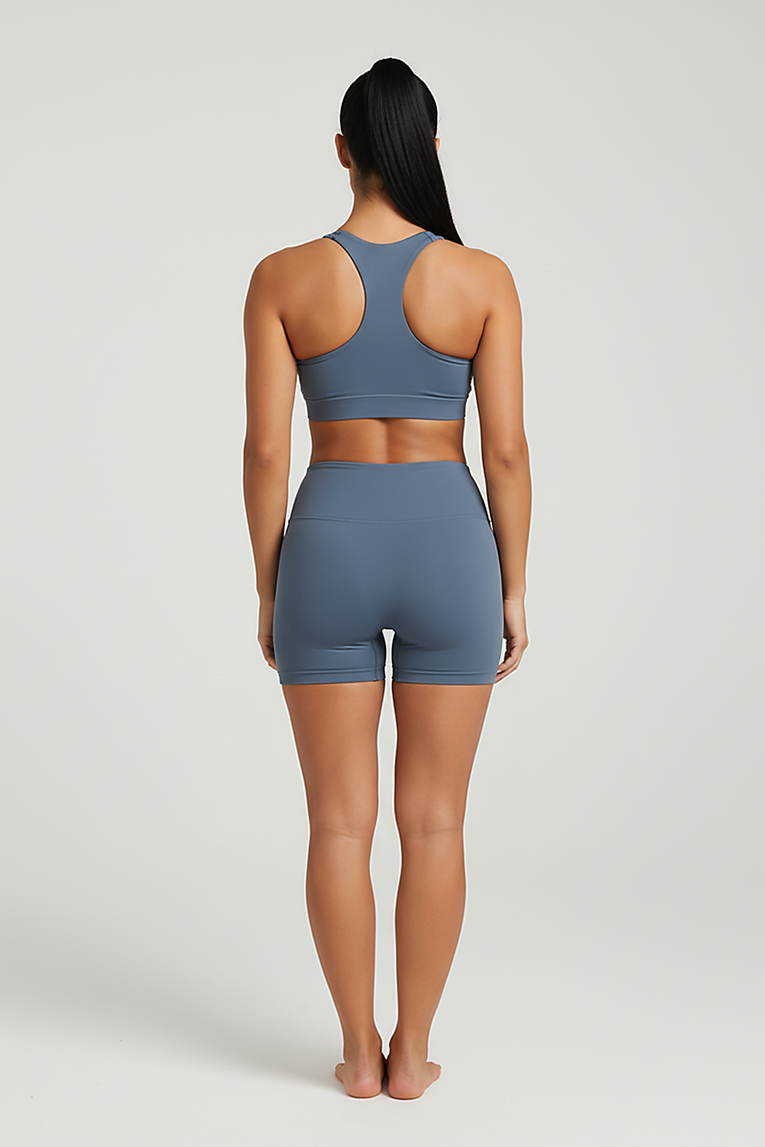 Solid color fitness bra, back view.