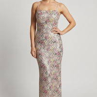 Strapless floral sequin patchwork long vestido, front view on model.